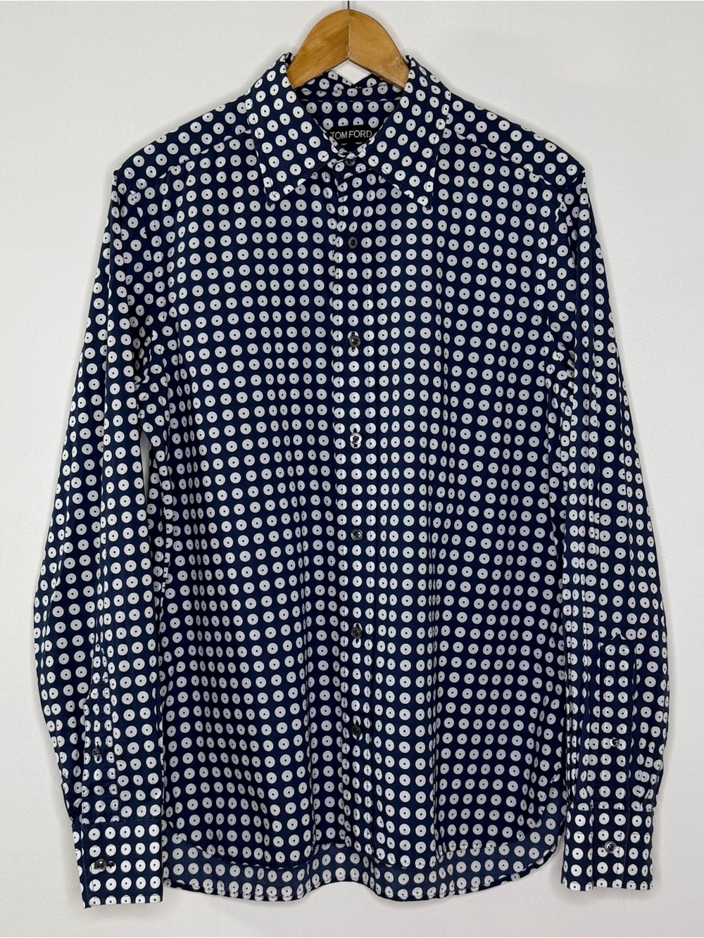 Tom Ford Polka Dot Long Sleeve Buttonup Shirt Mens 42 Large XL Navy Blue White
